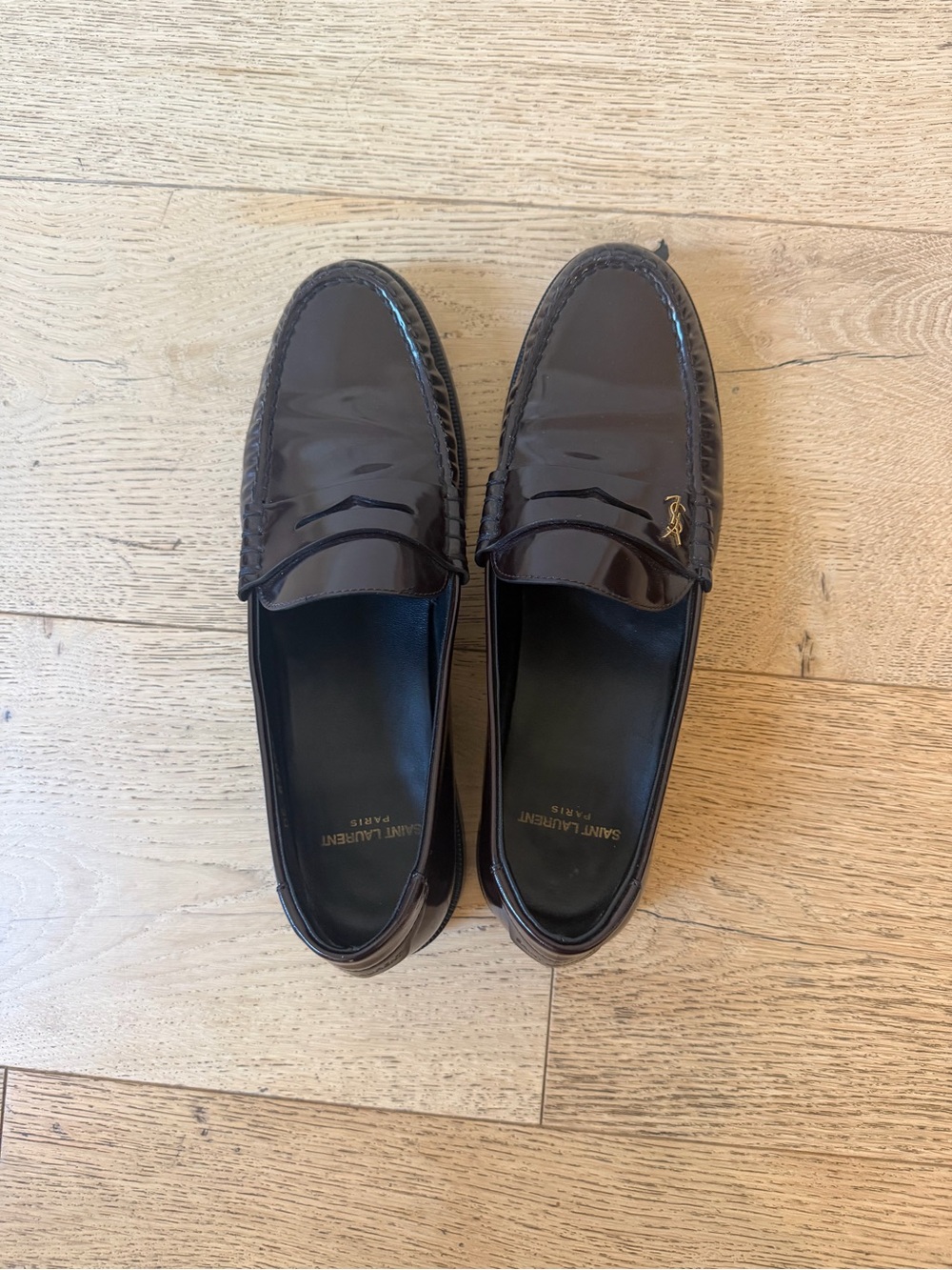 Saint Laurent Dark Brown Patent Leather Penny Loafers with Gold Accent